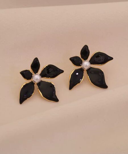 80031-1 Zarcillos negro acero flor esmaltada con perla
