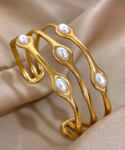 41054 - Pulsera Acero Dorado triple con perla