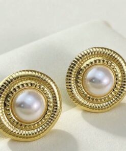 80089 - Zarcillo acero dorado circulo con perla