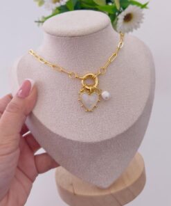 21040-1 Collar armado corazon con perla blanco