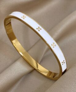 41156-1 Pulsera acero dorada esmaltada blanco trebol