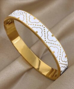 41155-1 Pulsera acero dorada esmaltada blanca puntos