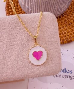 20347 - Collar armado circulo blanco corazon esmaltado fucsia