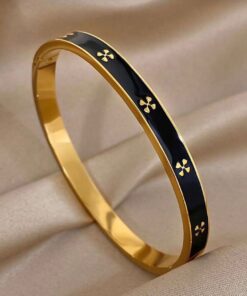 41156 - Pulsera acero dorada esmaltada negra trebol