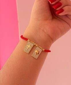 41168-2 Pulsera roja balines escapulario cruz / corazon