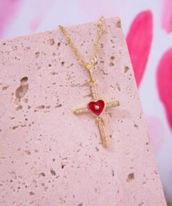 20058 - Collar armado cruz con corazon esmaltado rojo