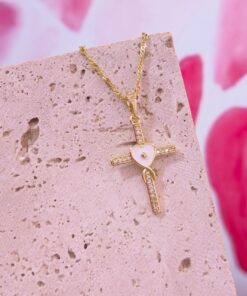 20058-1 Collar armado cruz con corazon esmaltado blanco