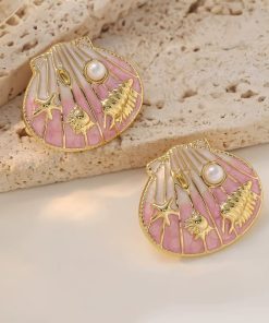 80248 - Zarcillos de acero esmaltado almeja con perla rosado