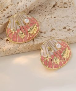 80248-1 Zarcillos de acero esmaltado almeja con perla salmon