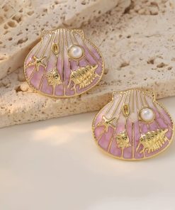 80248-2 Zarcillos de acero esmaltado almeja con perla morado
