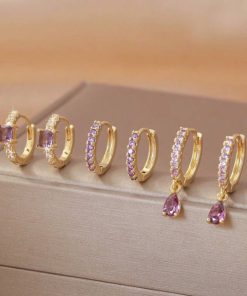 80441 - Set 3 Par Zarcillos dorado con cristales fucsia