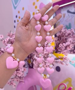21120 - Collar chicle multi corazon con perlas rosa