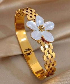 41104 - Pulsera Acero dorada flor blanca