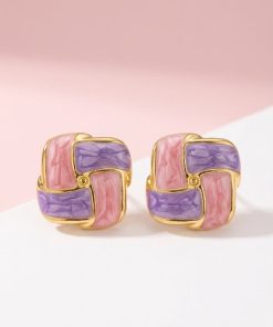 80290-9 Zarcillos de acero esmaltado cuadrado morado y rosado