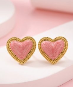 80295 - Zarcillos de acero esmaltado corazon rosa marco dorado