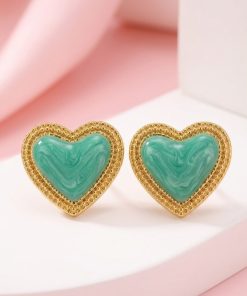 80295-3 Zarcillos de acero esmaltado corazon turquesa marco dorado