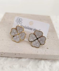80296-3 Zarcillos trebol de acero esmaltado blanco