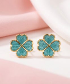 80296-2 Zarcillos trebol de acero esmaltado turquesa