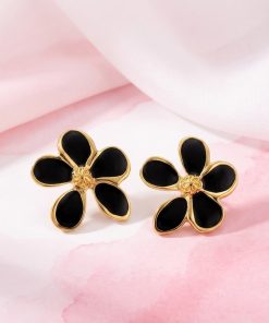 80311 - Zarcillos de acero esmaltado flor 5 petalos negra