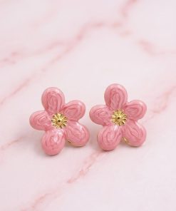 80312-2 Zarcillos rosado de acero esmaltado flor 5 petalos ancho
