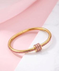 41128-3 Pulsera acero rueda con cristales fucsia