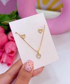 21001-4 SET Collar con Zarcillos corazon con cristales