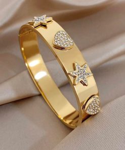 41229 - Brazalete acero dorado estrella corazon con cristales